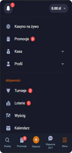 Menu wyboru kasyna VOX