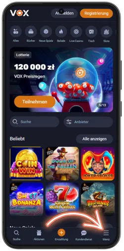 Navigationsmenü im VOX Casino
